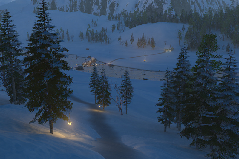 In this fantasy-like scene on a winter night, an icy path leads between snowdrifts down the hill and over the river to a welcoming cottage with candles in the window. The trail and stepstones across the water are lit by warmly glowing lanterns, and a bonfire beside the path sends sparks into the cold night air.