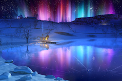 The northern lights glow above a snowy winter landscape. Shafts of pink, purple, blue, and green light up the snow-covered fields and reflect from a f...