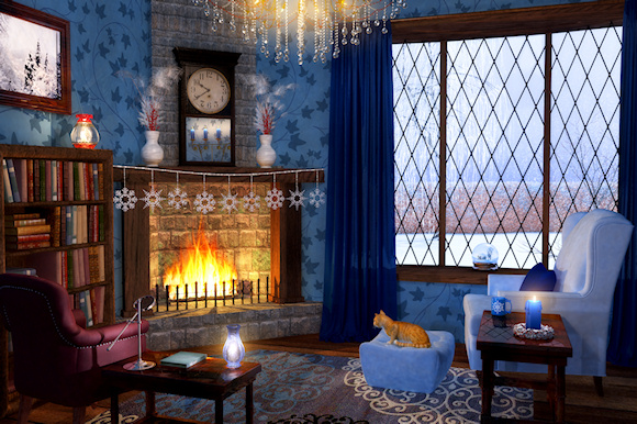 A cozy reading corner on a snowy winter day, with a ginger cat sitting gazing at the blazing fire. Around the hearth are cushy armchairs, with glowing candles and stacks of books and a steaming mug to complete the comfort. Outside a frost-covered willow and beech hedge are obscured by the falling snow.
